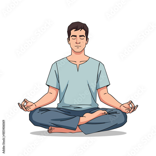Illustration of a man in lotus position, eyes closed, meditating