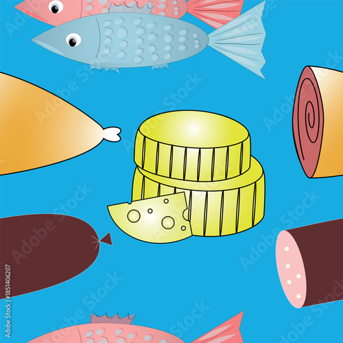 Seamless hand-drawn pattern with fish, cheese, meat and food elements on a bright blue background. Perfect for kitchen textiles, packaging, wallpaper, fabric, wrapping paper, food branding.