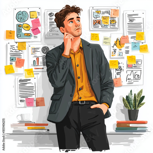 A man in a suit is looking at a wall covered in sticky notes. He is deep in thought, possibly contemplating a project or task. The room is filled with various books and papers