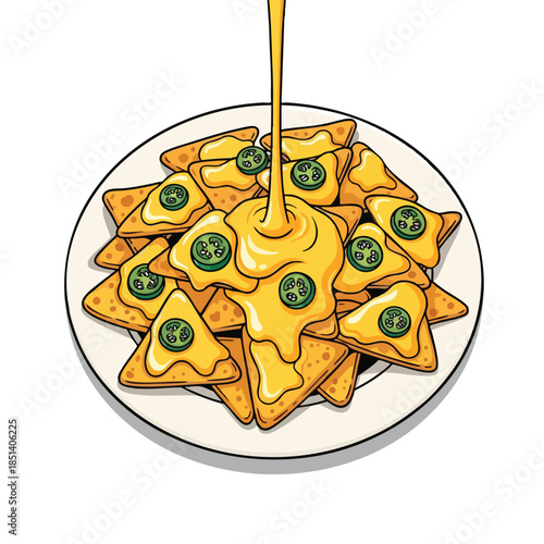 A plate of nachos with cheese being poured on, topped with jalapeños