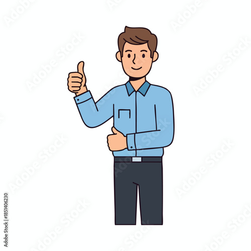 A cartoon male figure giving a thumbs up sign, wearing a blue shirt and pants