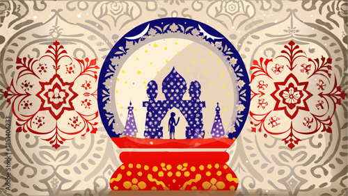 Vibrant snow globe with mosque and intricate patterns