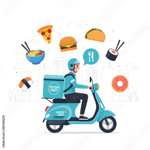 Delivery person on a scooter with food items surrounding him