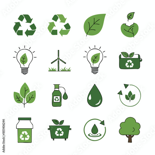 Sustainable eco-friendly icons featuring recycling, leaves, water drops, and nature elements