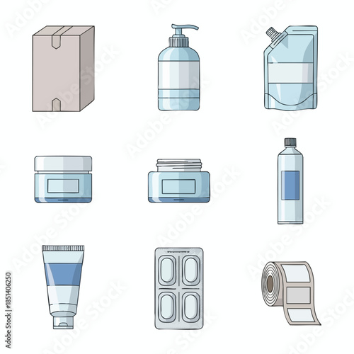 A collection of various package/container types; cartoon illustration