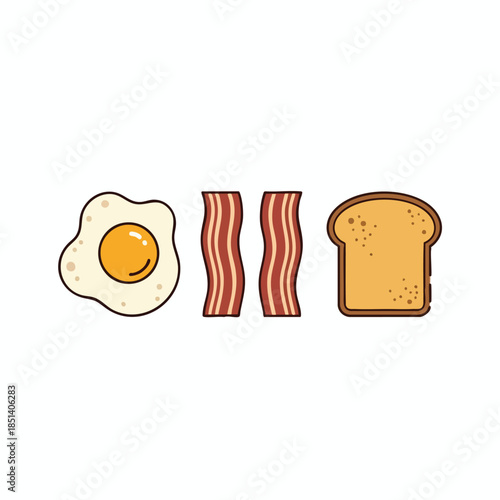 A fried egg, two bacon strips, and toast illustration on white