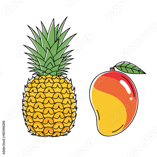 Illustration of a pineapple and a mango, each outlined in black