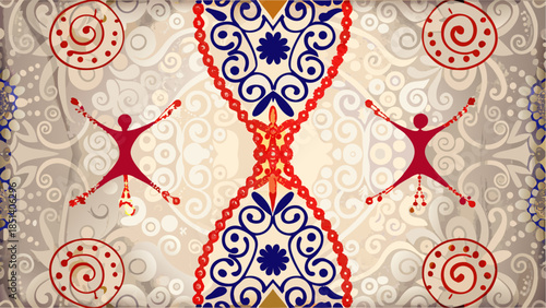 Vibrant abstract design with dynamic human figures and swirling patterns