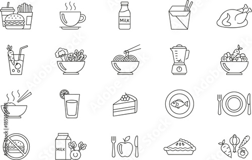 Large collection of linear food icons featuring healthy meals fast food snacks drinks and nutrition symbols