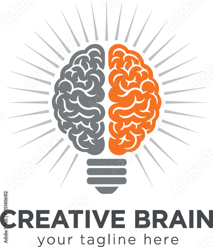 Modern professional logo featuring a brain shaped lightbulb with grey and orange hemispheres and glowing sunburst rays
