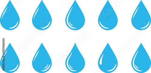 Set of ten simple blue water drop icons in various styles for hydration weather and liquid resource design