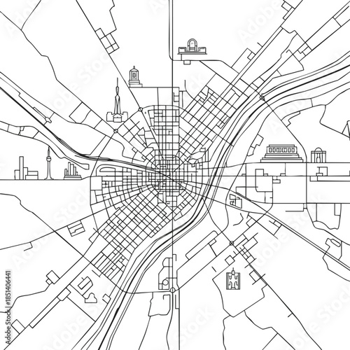 A top-down, minimalist city map featuring a river, road network, and buildings