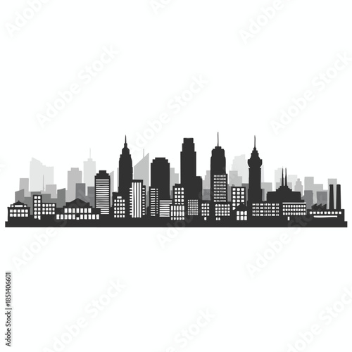 Silhouette of a city skyline with buildings of varying heights and shapes
