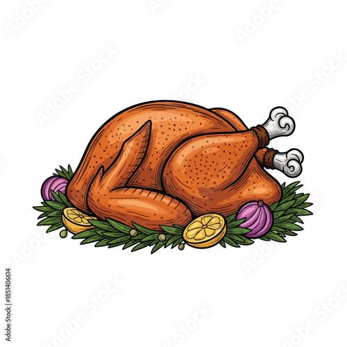 Roasted bird on a bed of greens, veggies, and garnishes, isolated on white