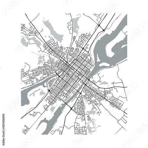A simplified overhead map with buildings, streets, water, and parks
