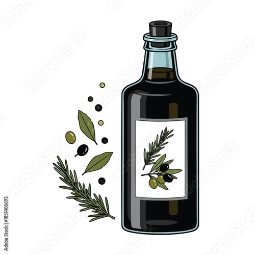 Illustration of a dark bottle, with herbs and olives, and cork stopper