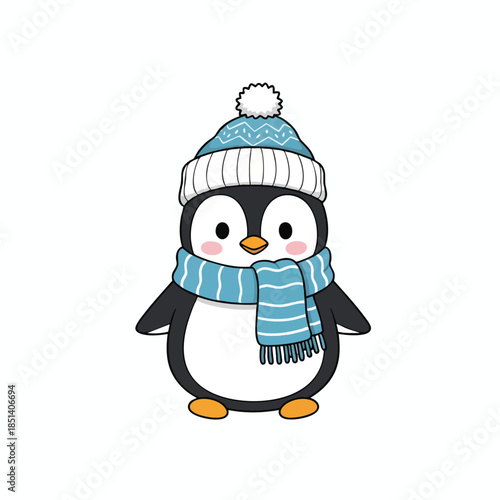A charming cartoon penguin wearing a blue hat and scarf, with orange feet and round cheeks
