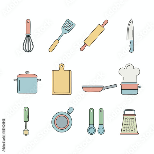 A flat-lay kitchen set illustration with colorful utensils, outlined on white background