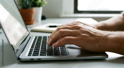 Closeup angled view of right hand typing on silver laptop keyboard