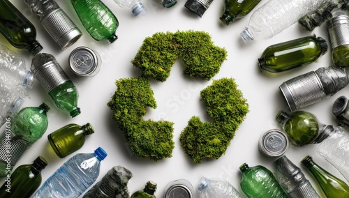 Green moss recycling symbol surrounded by assorted glass, plastic bottles and cans