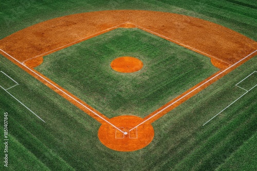 Aerial view of a baseball diamond with neatly manicured grass and dirt infield