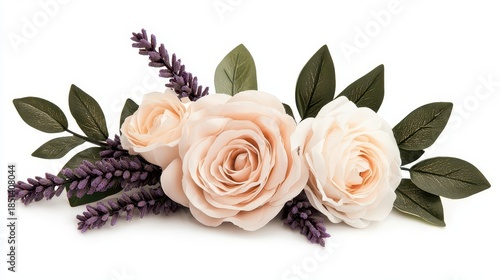 Charming ivory roses with sprigs of lavender, isolated for a refined and elegant wedding aesthetic