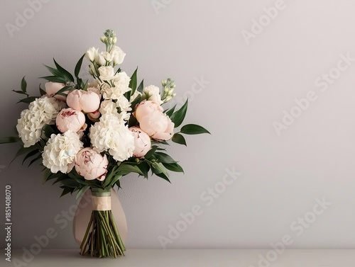Isolated bouquet of pale pink peonies and white hydrangeas, offering a charming and elegant wedding floral display