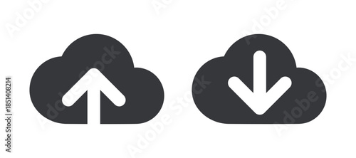 Bundle of isolated pictograms icon cloud with upward and downward arrows, representing upload, download, internet, and web connectivity.