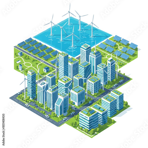 Isometric illustration of a sustainable cityscape with solar panels, wind turbines, and green spaces, showcasing eco-friendly urban planning and renewable energy sources.