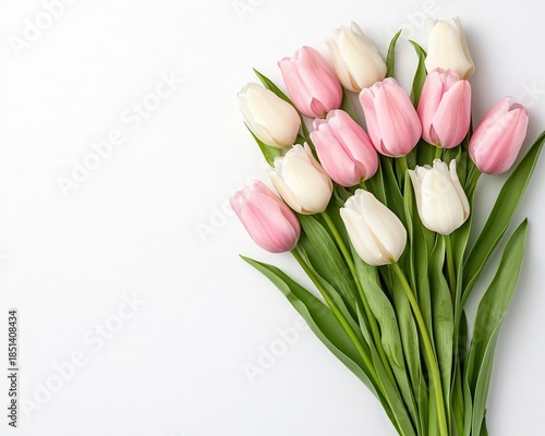 Isolated bouquet of pale pink tulips and white roses, creating a graceful and charming wedding aesthetic