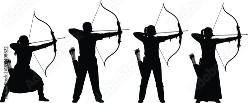Silhouette vector illustration of archers aiming with bows and arrows, men and women practicing archery, precision shooting posture, focus and balance