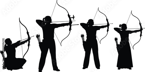 Silhouette vector illustration of archery athletes aiming with bows and arrows, showing male and female archers practicing shooting posture, sport training concept