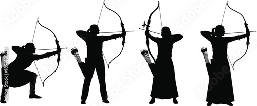 Silhouette vector illustration of archery athletes aiming with bows and arrows, showing men and women archers practicing shooting stance, accuracy training concept