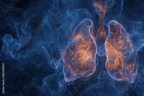 Ethereal, glowing lungs amidst smoky blue clouds against dark background