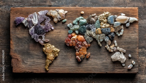 World map formed by colorful stones and minerals on wood