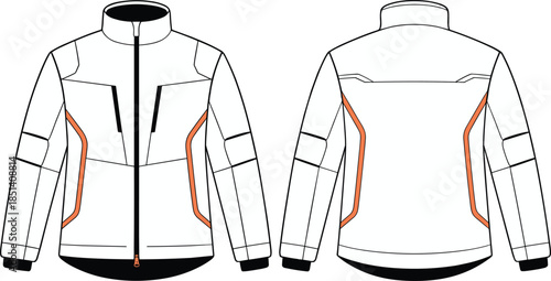 Modern jacket technical flat sketch, front and back view fashion design, outerwear template, professional CAD drawing flat vector illustration