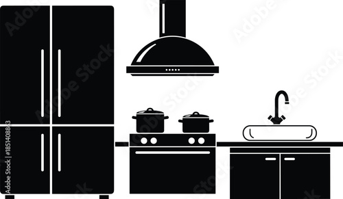 Modern kitchen furniture silhouette vector illustration, black interior design set including fridge, stove and sink, isolated on white background for home renovation.