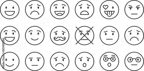Comprehensive collection of linear emoji face icons depicting various human emotions and expressions for social media and digital communication