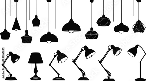 Modern lamp silhouette collection, hanging ceiling pendant lights and adjustable desk lamps set, interior home decoration vector illustration, black and white