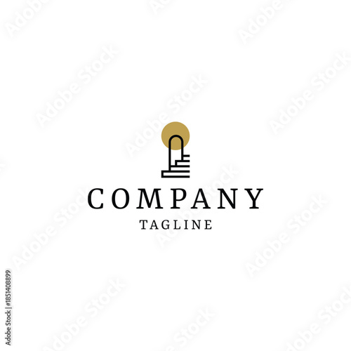 Minimalist stairs and door logo design with a golden sun element