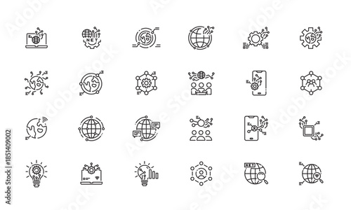 Digital connectivity and global data systems in virtual network operations, icon set for UI design and web illustration