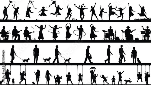 People lifestyle silhouettes vector illustration set, dancing music walking dogs family play scenes collection, everyday human activities panorama, black shadow figures isolated on white background