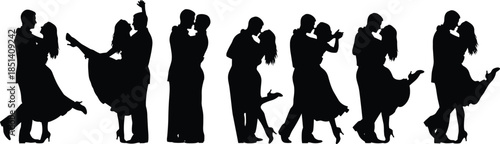 Romantic couple dancing silhouettes vector illustration set, elegant lovers embracing tango waltz poses, love relationship passion concept, black shadow figures isolated on white background