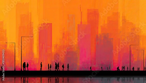 Silhouetted figures walk along a waterfront with an abstract city skyline
