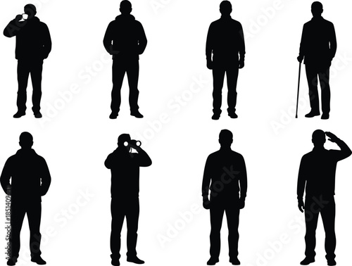 Standing men silhouettes vector illustration set, casual male poses collection with walking stick and binoculars, everyday lifestyle figures, black shadow people isolated on white background