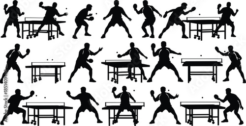 Table tennis player silhouettes vector illustration set, ping pong match action poses collection, competitive sport movements, black athlete figures with tables isolated on white background
