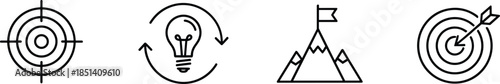 Modern linear vector icons representing business strategy including target aim lightbulb idea and mountain peak success for startup projects