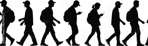Walking people silhouettes vector illustration set, modern men and women with backpacks using smartphones, urban lifestyle commuting concept, black shadow figures isolated on white background