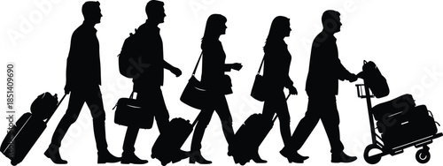 Travelers walking with luggage silhouettes vector illustration, airport passenger journey concept, business and leisure travel people line, black shadow figures isolated on white background
