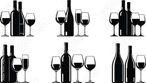 Wine bottles and glasses silhouettes vector illustration set, elegant alcohol drinkware collection for bar restaurant design, black icons isolated on white background